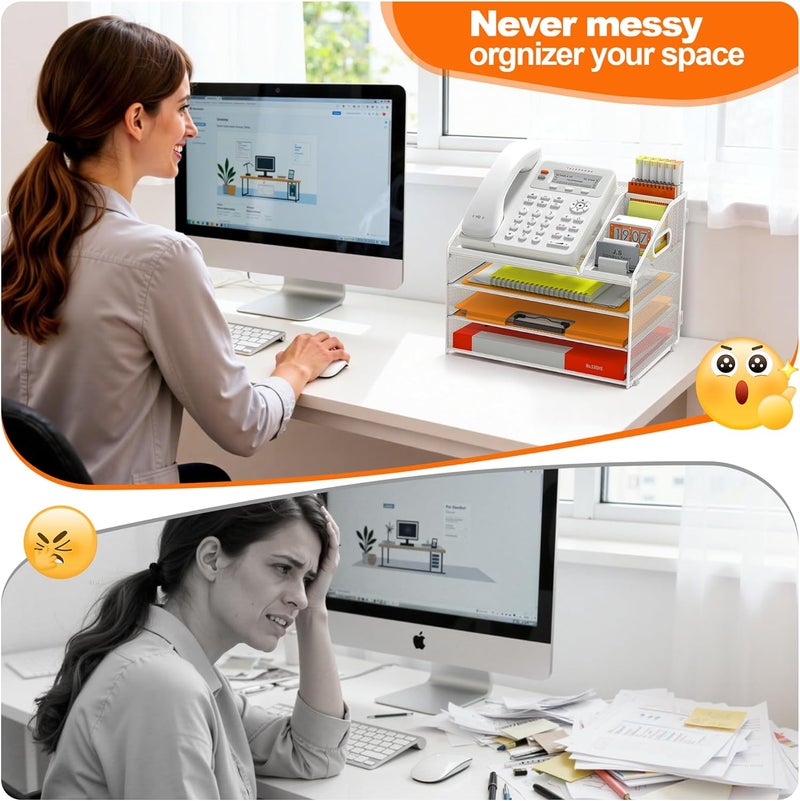 Docnest 4 Tier Metal Mesh Letter Tray - Space Saving Desk File Organizer with Handle, Pen Holder & Folder Holder - Desktop Document Sorter for Office, Home, School, Classroom - White - Image 3